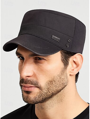  Militärische Kadettenkappe aus Baumwolle für Herren mit verstellbarem Riemen, lässiger Armeehut mit flacher Oberseite für Outdoor-Sport, Reisen und den Alltag