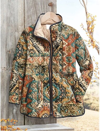  Mujer Chaqueta de Invierno Chaqueta acolchada Mantiene abrigado Cómodo Bolsillo Botones Estampado Vintage Boho Vintage Geométrico Vacaciones Casual Diario Botonadura Simple Regular Escote Chino