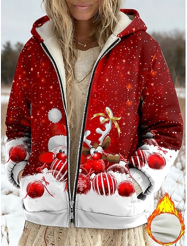  מעיל חורף לנשים ג'קט פוך חומר פוך מעיל מזדמן חם עם מנעול כיס הדפס אופנה מזדמן כריסמס רחוב מזדמן רגיל עם כובע ארוך שרוול בגוון אדום כחול סגול אביב סתיו