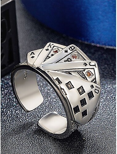  Herre pokerring i legering – justerbar rem i vintage-stil med spillkortdesign for gotisk, punk-stil, fest og fritidsbruk