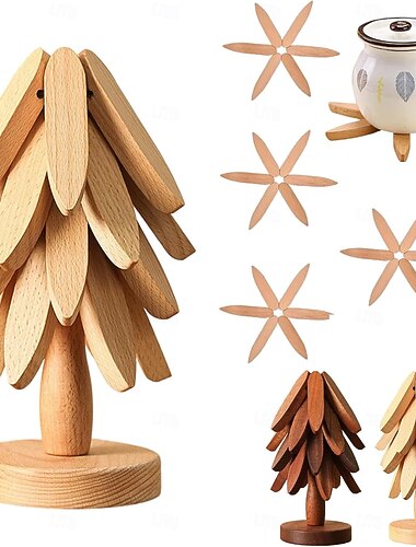  Naturlig treunderlagssett, 3/4/5 treunderlag &1 stativ som et juletre, naturlige sammenleggbare kjøkkenunderlag til gryter, panner og boller &tekanner