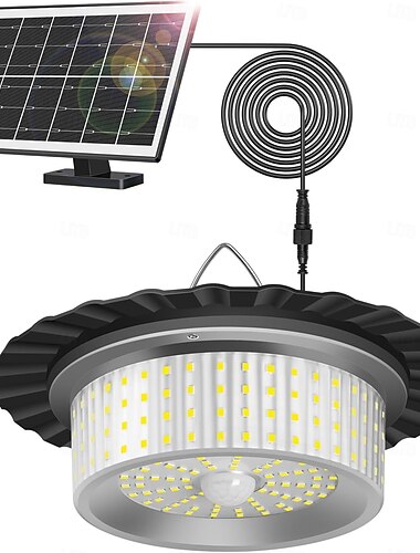  Lampe solaire d'extérieur et d'intérieur, éclairage à 244 LED avec détecteur de mouvement, suspension étanche avec télécommande, minuterie et 5 modes pour abri de jardin, tonnelle, garage, grange