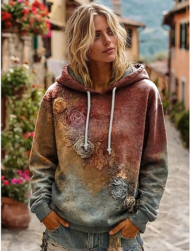  Női 3D nyomtatott vintage boho kapucnis pulóver patchwork kapucnis pulóver virágos pulóver elegáns meleg aktív kapucnis utcai mindennapi viselet patchwork nyomás világos lila barna zöld tavasz ősz tél