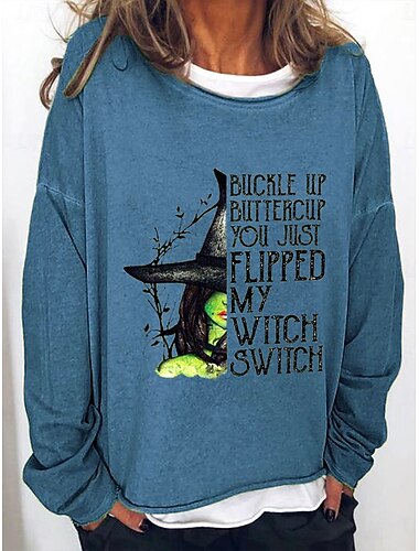  Halloween Kvinners Sweatshirts Heks Grafikk Bokstav Vintage Motetrender Casual Langermet Crew Neck Vanlige Topper Gate Casual Trykk Blå Brun Grønn Høst Vinter