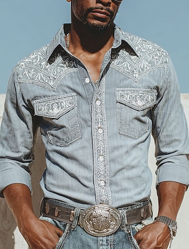  Homens Estampa floral Étnico Flores Camisa Social camisa ocidental Camisa de caubói Manga Longa Vintage retrô Ao ar livre Casual Roupa de Trabalho Primavera Outono Aberto para a Lateral Dois bolsos