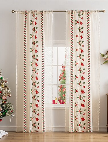  クリスマスの刺繍入りカットアウトカーテン、リビングルームと寝室用のホリデーウィンドウドレープ、ヨーロッパ風アメリカンスタイルの既製