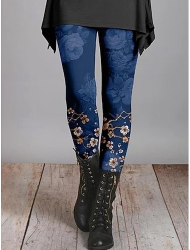  Dame Leggings Ferie Årgang Mote Ankel-lengde Høy Midje Blomstret Grafisk Blad Printer Hold Varm Myk Pustende Elastisk Feriereise Gate Svart Rød Navyblå Blå Vår Høst Vinter Slank Fasong