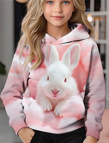  Mädchen 3D Kaninchen Kapuzensweatshirt Langarm Herbst Winter Mode Niedlich Basic Kinder 4-12 Jahre Mit Kapuze Outdoor Lässig Täglich Normale Passform