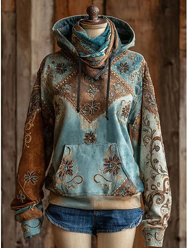  Γυναικεία Φούτερ πουλόβερ με κουκούλα και πουλόβερ Γραφική Γεωμετρικό Βίντατζ δυτικός Καθημερινό Μακρυμάνικο Με Κουκούλα Κανονικά μπλουζάκια Δρόμος Καθημερινή Ένδυση Κουρελού Στάμπα Μπροστινή τσέπη