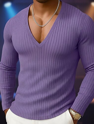  Homens Camiseta Camiseta de malha canelada T-shirt Camisa de manga longa Manga Longa Decote em V Profundo Primavera Outono Inverno Côr Sólida Tecido Pit Strip Moda Designer Básico Tricôt Férias Rua