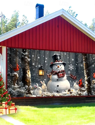  Weihnachten Tapisserie Garagentorabdeckung Großes Hängendes Schneemann Niedlich 3D Party Outdoor Urlaub Hintergründe aufnehmen Yard Wohndeko