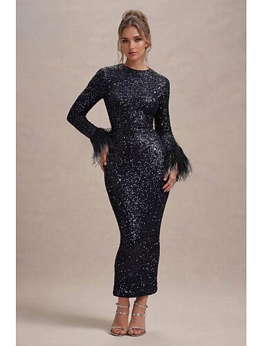  Abito da sera a sirena/trumpet abito elegante formale semi formale gala abito da matrimonio lunghezza pavimento maniche lunghe collo tondo elasticizzato con paillettes e maniche a piume