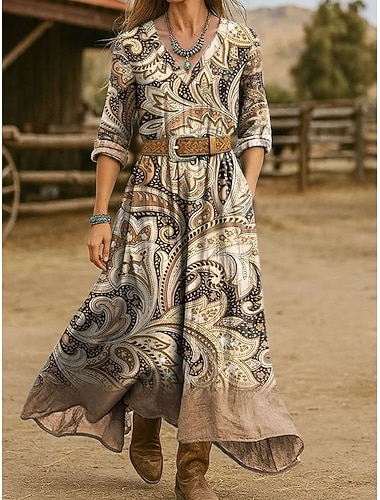  Per donna Abito Midi Abito a trapezio Vacanza Casual Boho Vestibilità regolare Grafico Paisley Manica 3/4 Scollo a V Blu Cachi Primavera Autunno