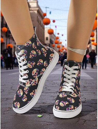 Fargerike høye sneakers med sukkerskalle til dame – snøresko i lerret til halloween, de dødes dag og festivalstreetwear