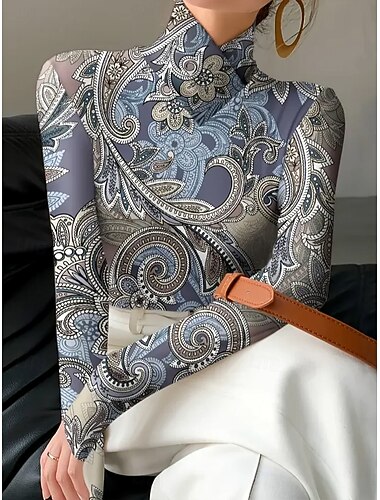  Women's T Shirt Graphic Paisley Elegant Vintage Fashion Long Sleeve High Neck Asymmetric Neck Regular Tops Daily Print Dusty Blue Spring Fall Winter