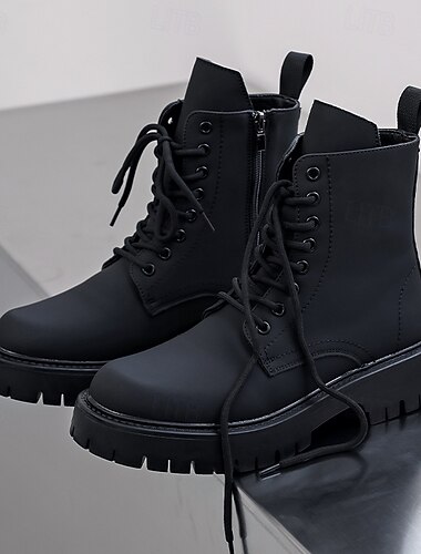  Pánské černé vojenské šněrovací boty s bočním zipem, odolná umělá kůže, vojenský styl pro outdoor, práci a streetwear módu