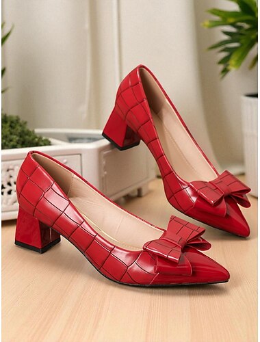  Zapatos de tacón cuadrado de charol rojo para mujer: tacones de lazo con punta puntiaguda y estampado de cuadrícula para la oficina, fiestas y ocasiones elegantes.