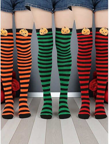  Dames Halloween gestreepte overknee sokken - pompoen geborduurde dijhoge kousen voor feest-, cosplay- en kostuumoutfits