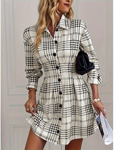  Per donna Mini Abito Abito a trapezio Casual Quotidiano Vestibilità regolare Plaid Manica Lunga Bavero Albicocca Estate Autunno