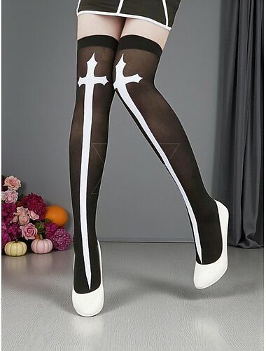  Dames Halloween kruisprint dijhoge kousen - gotische overknee kostuumpanty's voor feesten, cosplay en avondje uit