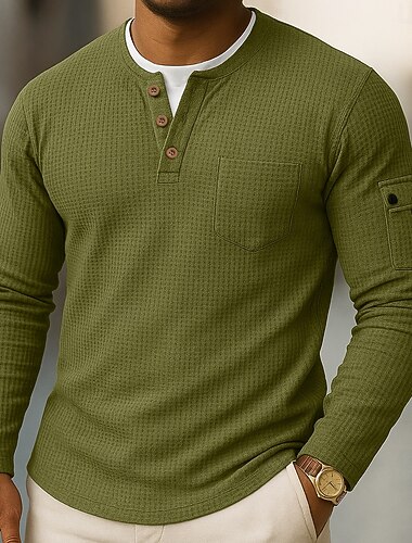  Homens Camiseta Camisetas T-shirt Camisa de manga longa Manga Longa Henley Primavera Outono Tecido Moda Designer Básico Bolsos 2 em 1 Férias Rua Para Noite Azul Marinha Top Tee para Homens