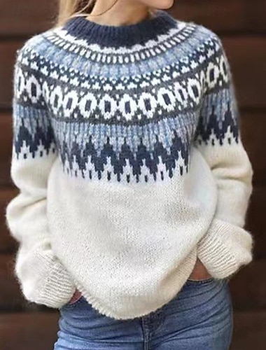  Per donna Felpa Maglione Fair Isle Moda Streetwear Casual Geometrico A Coste Girocollo Lavorato a maglia Manica Lunga Top Regolari Maglia All'aperto Quotidiano Weekend Bianco Rosa Autunno Inverno