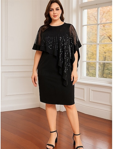  Tubino Colonna Lunghezza al ginocchio Vestito da Festa Abito da Cocktail Abito da invitata a nozze Abito da cerimonia per signora Mezza Manica Girocollo Abito Nero Taglie Forti Brillare & Splendere