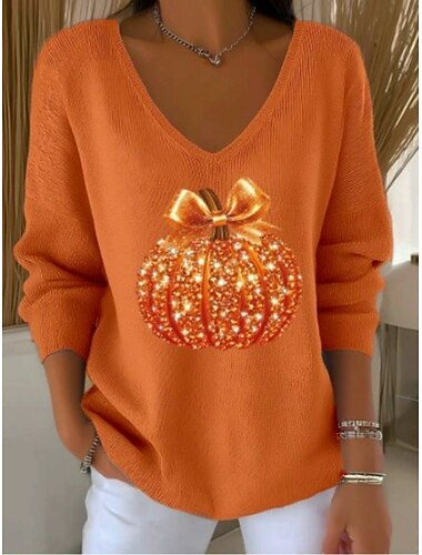  Suéter de Mujer Casual Suave de Paja V Cuello de Tejido de Manga Larga Regular Tops Tejido Exterior Diario Negro Naranja Otoño Invierno
