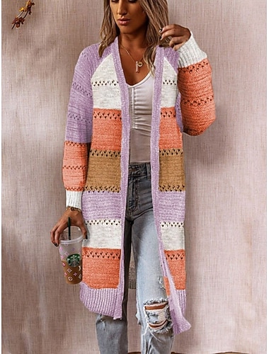 Damen Pullover Strickjacke Elegant Mode Streetwear Gestreift Öffnung vorne Tasche Gestrickt Langarm Lange Oberteile Stricken Outdoor Täglich Wochenende Schwarz Wein Frühling Herbst   Damen Pullover Strickjacke Elegant Mode Streetwear Gestreift Öffnung vorne Tasche Gestrickt Langarm Lange Oberteile Stricken Outdoor Täglich Wochenende Schwarz Wein Frühling Herbst