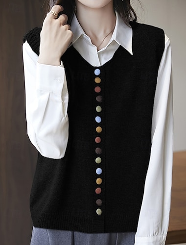 Damen Pullover Pullunder Streetwear Lässig Einfarbig Rundhalsausschnitt Knöpfe Gestrickt Ärmellos Normale Oberteile Stricken Täglich Ferien Ausgehen Schwarz Rote Herbst Winter   Damen Pullover Pullunder Streetwear Lässig Einfarbig Rundhalsausschnitt Knöpfe Gestrickt Ärmellos Normale Oberteile Stricken Täglich Ferien Ausgehen Schwarz Rote Herbst Winter