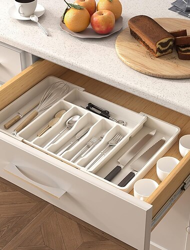  מארגן מגירות גדול לסכו"ם, מגש כלים הניתן להרחבה למטבח, מחזיק סכו"ם וסכו"ם ללא BPA, אחסון פלסטיק מתכוונן לכפות מזלגות סכינים, גדול