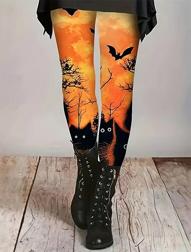  Halloween Dames Leggings Cozy Leggings Basis Casual Volledige Lengte Hoge Taille Broeken Halloween Kat Vleermuis Afdruk Thermisch Warm Comfortabel Rekbaar Vakantie Straat Casual Oranje Herfst Winter