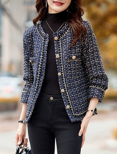  Damen Freizeitjacke Warm Bequem Tasche Knöpfe Mode Outdoor Rautenmuster Ausgehen Wochenende Einreihig Regulär Rundhalsausschnitt Normale Passform Langarm Oberbekleidung Schwarz Herbst Winter