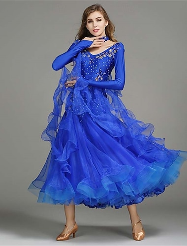  ボールルームダンス ドレス ピュアカラー 女性用 性能 訓練 テーマパーティー 長袖 スパンデックス