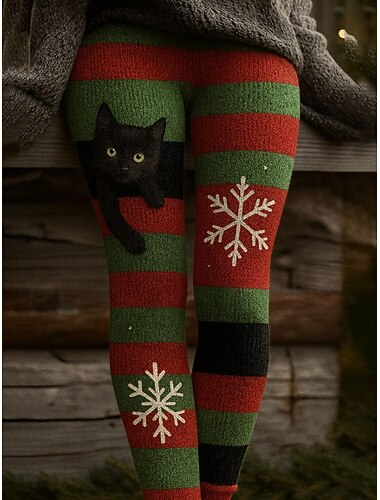  גרבי נשים כריסמס חיות חתול פתית שלג מכנסי חופשה וינטג' בסגנון אתני באורך מלא מכנסי מכוערים עם הדפס תלת-ממדי ייבוש מהיר נושמות נמתחות חיצוניים קז'ואל שחור לבן ירוק
