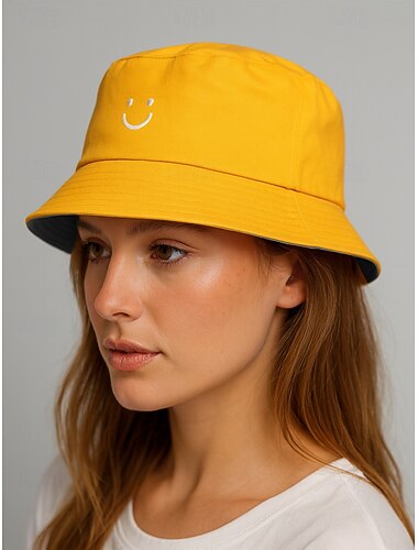  Sombrero de pescador reversible con cara sonriente para mujer, sombrero de sol informal de algodón para viajes al aire libre, playa y uso diario.