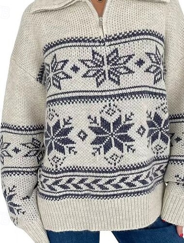  Pull Fair Isle pour femme, pull à fermeture éclair quart de tour, élégant, vintage, quotidien, géométrique, côtelé, col chemise, fermeture éclair, floral, manches longues, régulier, hauts, tricot,