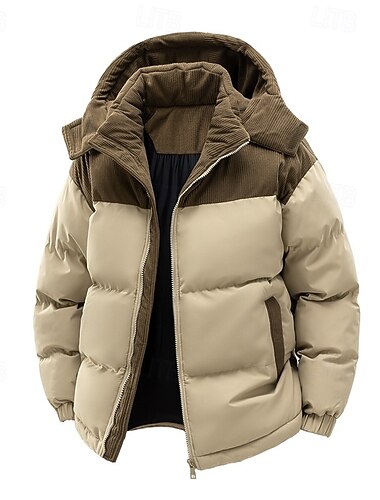  piumino in velluto a coste da uomo con tasca imbottita, cerniera intera, cappuccio, per Natale, all'aperto, strada, normale, neutro, moda, quotidiano, invernale, tinta unita, color block, nero, verde,