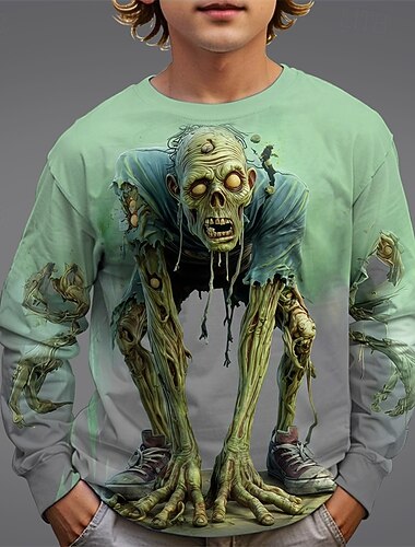  ハロウィーン 男の子 3D スカル Tシャツ Ｔシャツ 長袖 春 秋 ファッション ベーシック 子供 4〜12年 クルーネック アウトドア カジュアル 日常 レギュラー