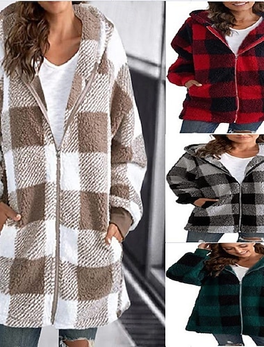  Damen Fleecejacke Freizeitjacke Kapuzenjacke Bequem Atmungsaktiv Reißverschluss Tasche Druck Lässig Karomuster Urlaub Straße Lässig Alltagskleidung Reisverschluss Lang Mit Kapuze Lässiger Schnitt
