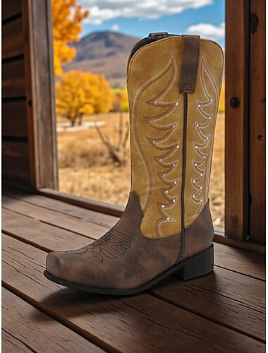  Botas vaqueras occidentales para mujer, diseño de media pantorrilla bordado en marrón y rojo, calzado duradero y cómodo para atuendos casuales.