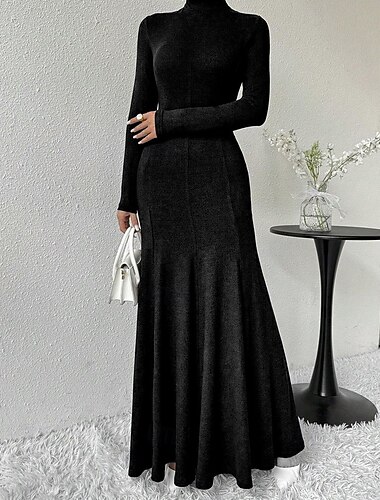  Damen Midikleid schwarzes kleid Freizeitkleid Elegant Mode Modern Täglich Outdoor Ausgehen Normale Passform Einfach Langarm Rollkragen Schwarz Frühling Winter Herbst