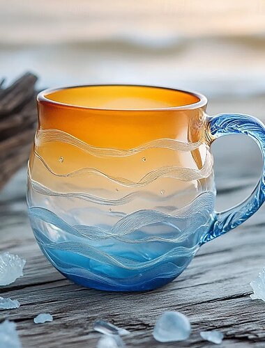  Hrnek z mořského skla s vlnami, ručně vyráběný skleněný šálek na kávu s motivem oceánských vln o objemu 355 ml, hrnky na kávu s motivem oceánských vln s izolovanou rukojetí, kreativní šálek na pití