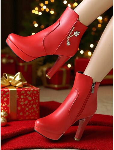  Rode enkellaarsjes van imitatieleer voor dames met stilettohak en strass-steentjes - elegante feestlaarsjes voor herfst, winter en date-avonden
