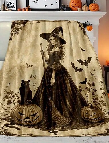  Halloween fleecová deka na gauč, čarodějnice, rustikální cottagecore, párty, rozkládací pohovka, dekorativní teplá deka, domácí dekorace