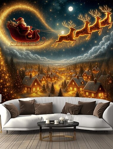  Fondo de tapiz navideño trineo de Santa Claus volando sobre un pueblo bajo el cielo nocturno decoración navideña festiva 2025 para dormitorio salón fiesta y al aire libre