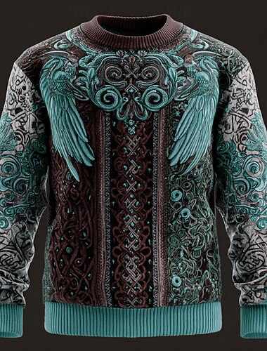  Herre Viking Pullover genser Strikketøy Crewneck Retro / vintage Fritid Feriereise Daglig 3D-utskrift Strikking Hold Varm Langermet Vår Høst Vinter Blå Brun Grønn