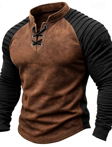  男性用 Tシャツ ヘンリーシャツ 長袖 スタンド 秋 冬 春 & 秋 カラーブロック ヴィンテージ 日常 カジュアル レースアップ アウトドア カジュアル アスレイジャー ダークブラウン カーキ色 グレー メンズトップTシャツ
