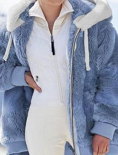  Dam Sherpajacka Bekväm Andningsfunktion Ficka Elegant Ledigt Slät Semester Gata Ledigt Dagliga kläder Öppen front Normal Huva Normal Långärmad Ytterkläder Svart Vit Blå Vår Höst