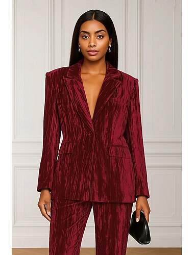  Blazer feminino esportivo, casaco formal para convidados de casamento, vintage, veludo texturizado, elegante, manga comprida, lapela entalhada, abotoamento simples, com bolsos com aba